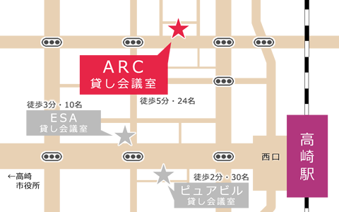 高崎駅西口から会議室までの周辺マップ